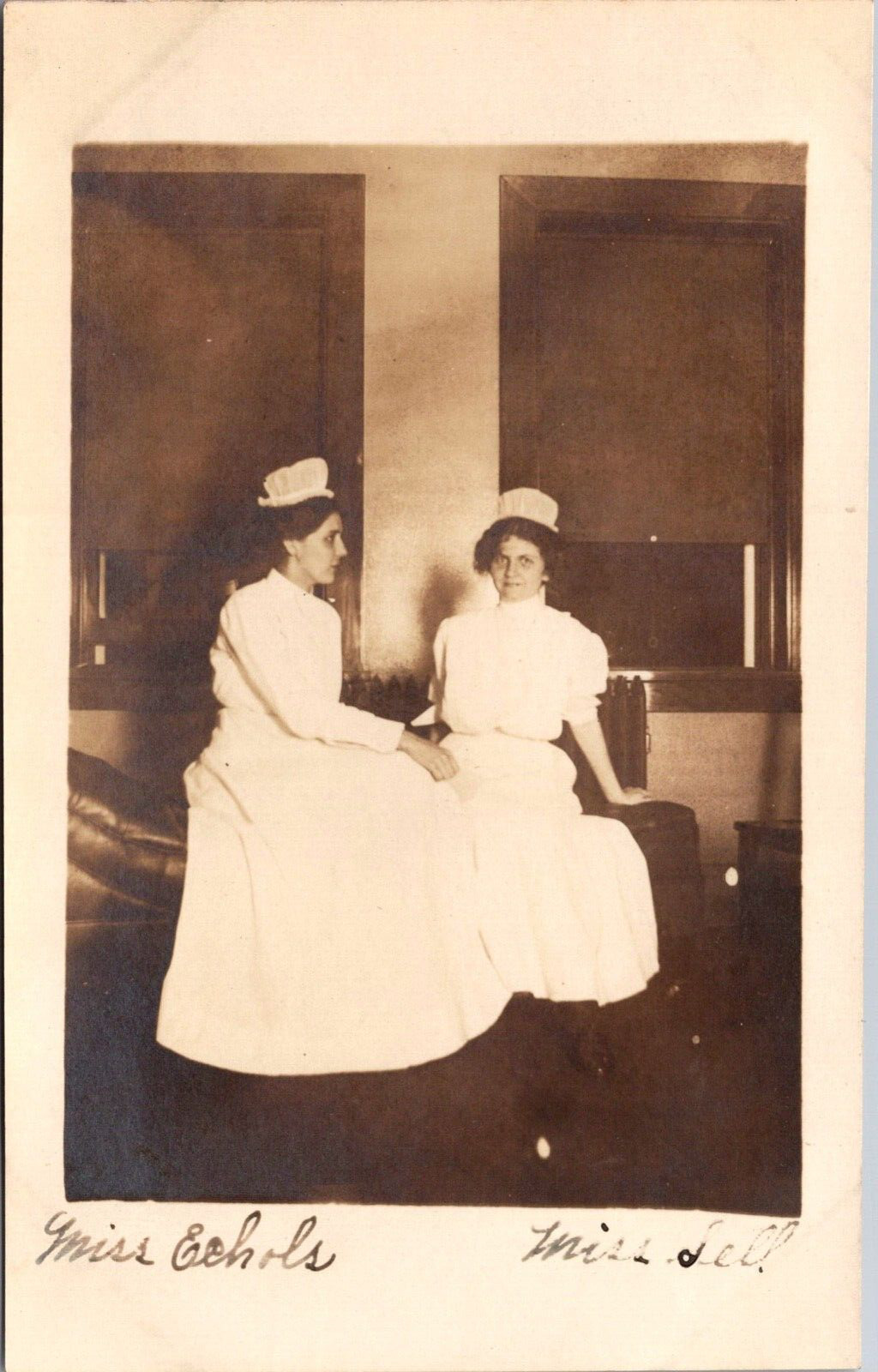 RPPC Sepia 2 Nurses in Uniform Caps Miss Echols & Sell Radiator Window Sill 1910
