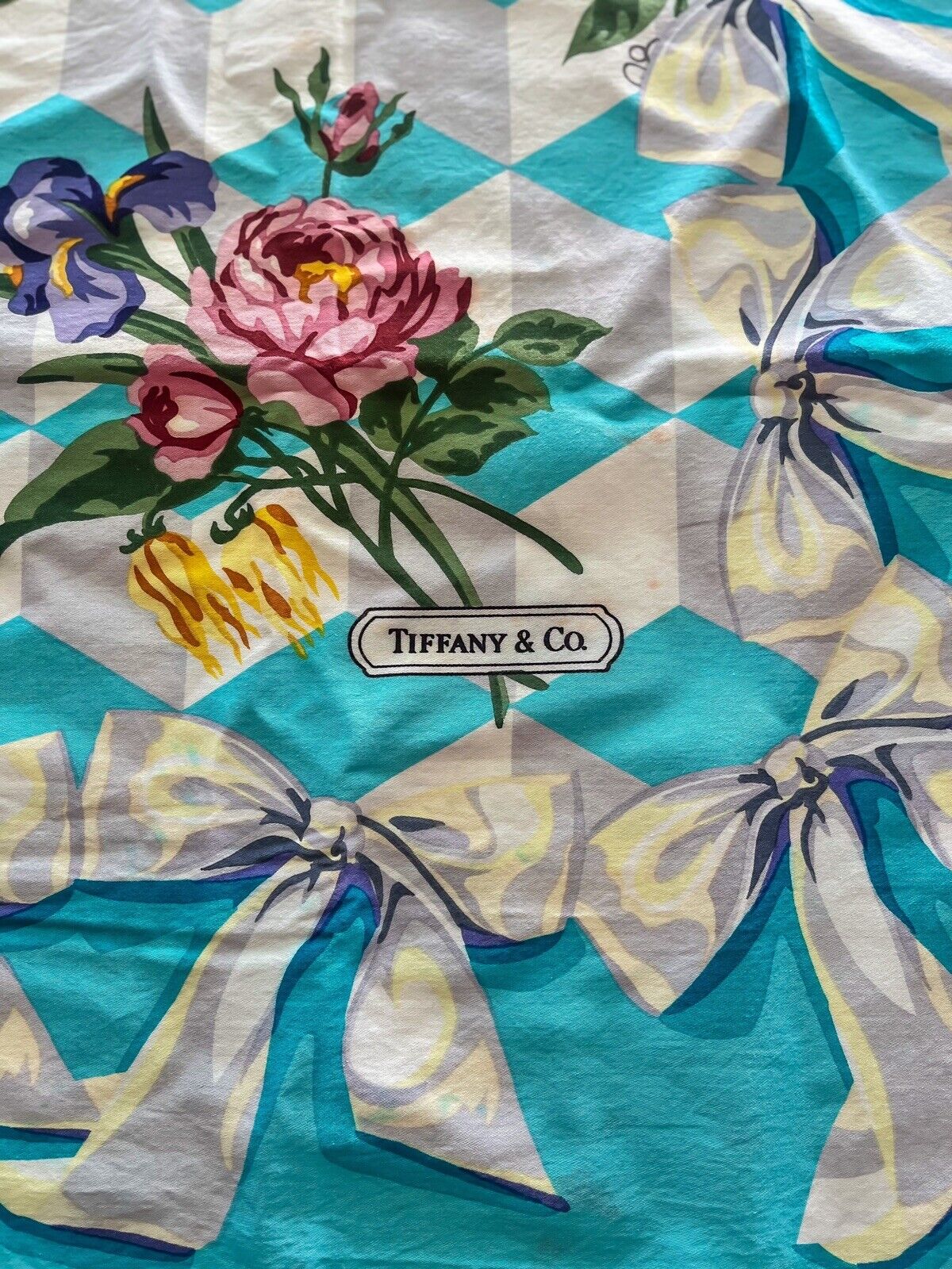 Vintage Tiffany & Co Tablecloth Rose Bow Floral Cotton 51 X 51” Square