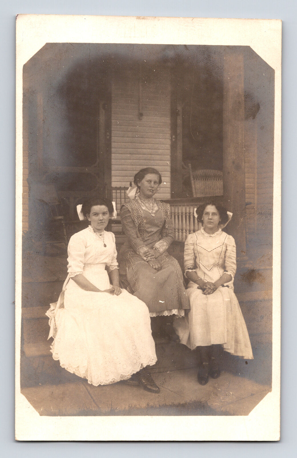 RPPC Portrait of Young Women in Dresses on Front Porch of Home Postcard