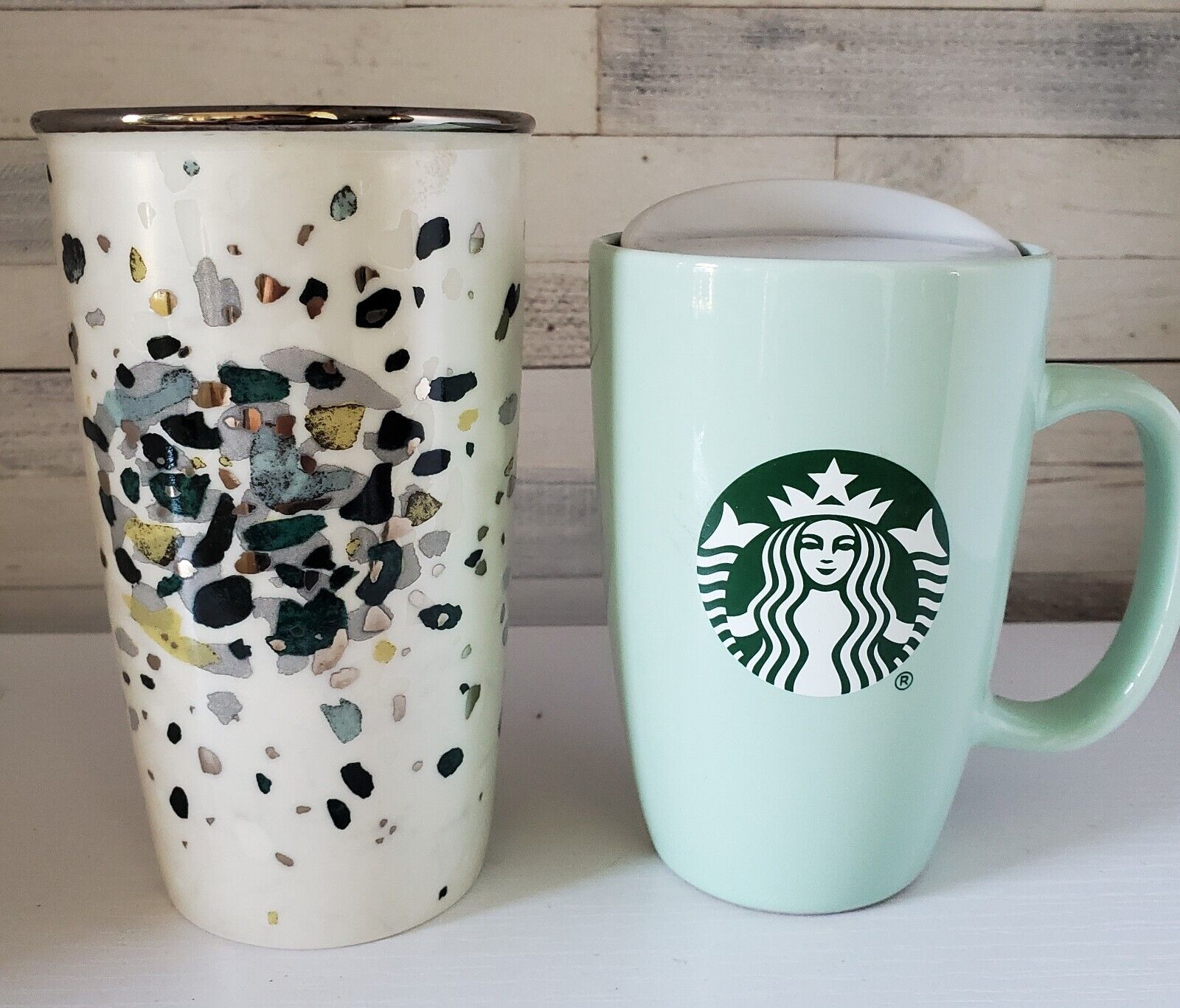 Lot of 2 STARBUCKS Ceramic 12oz Tall Cups With One Interchangeable Lid