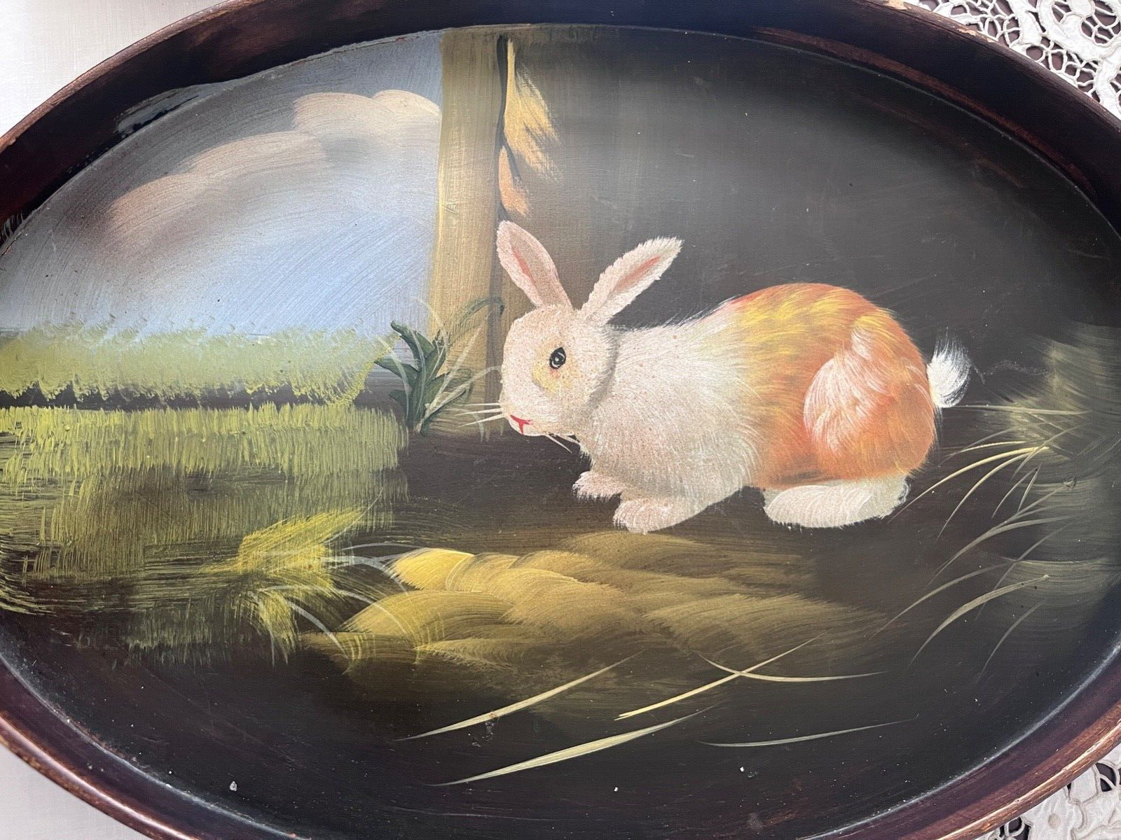 Hand Painted Rabbit Bunny, Large, Wood Serving  OvalTray, VTG Folk Art