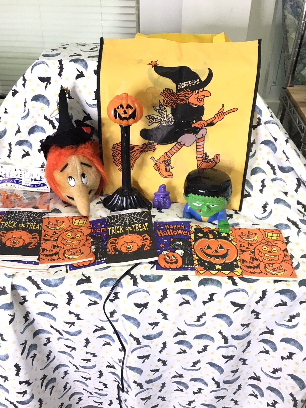 Vintage Halloween Lot Blow Mold Pumpkin JOL Witch Bag Treat Bags Frankenstein