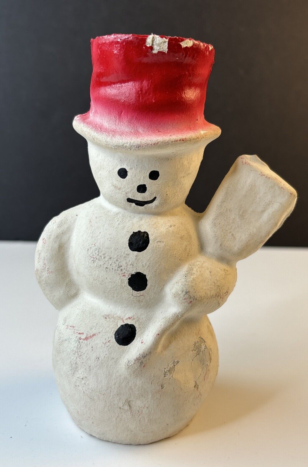 Vintage 1940's Paper Mache Pulp Christmas Snowman w/Broom Candy Container Figure