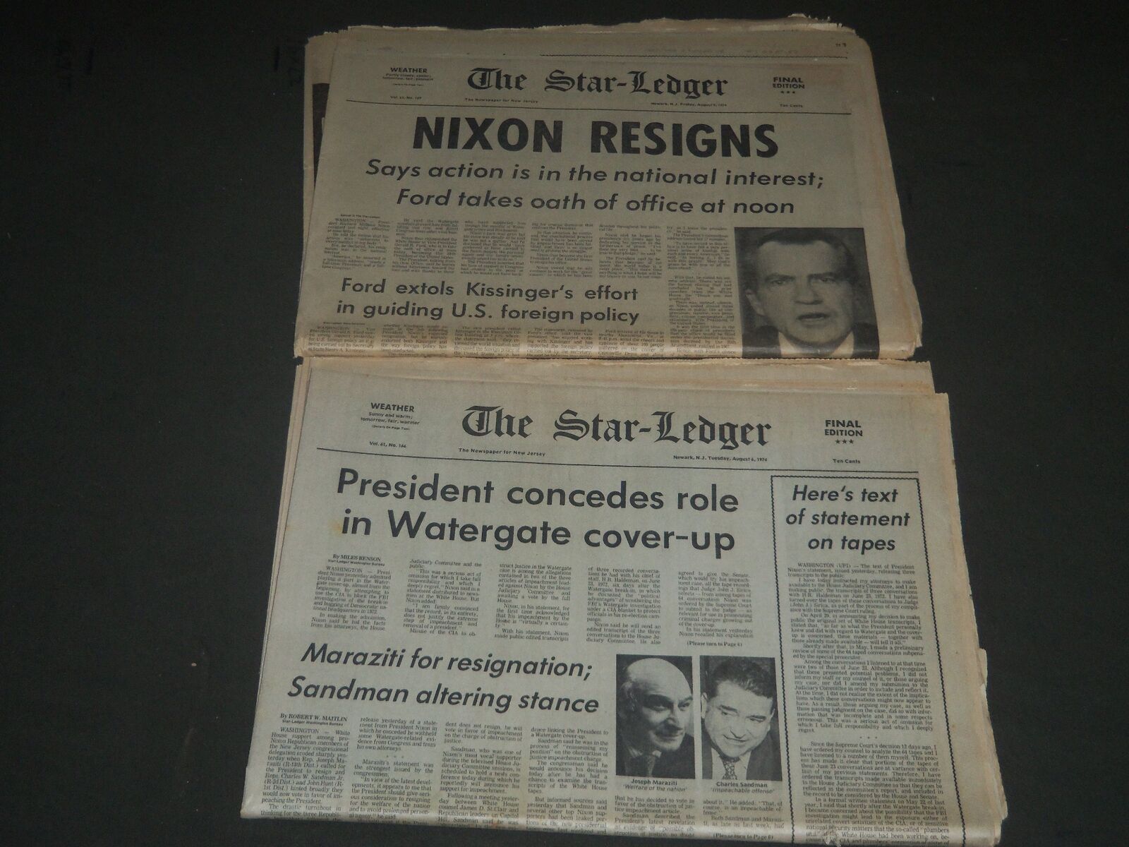 1974 AUGUST 6 & 9 STAR LEDGER NEWSPAPER LOT OF 2 - NIXON RESIGNS - NP 2407