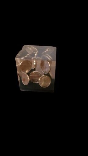 Vintage 1979 Suspended Pennies in Lucite Plastic Resin Square Cube Paperweight