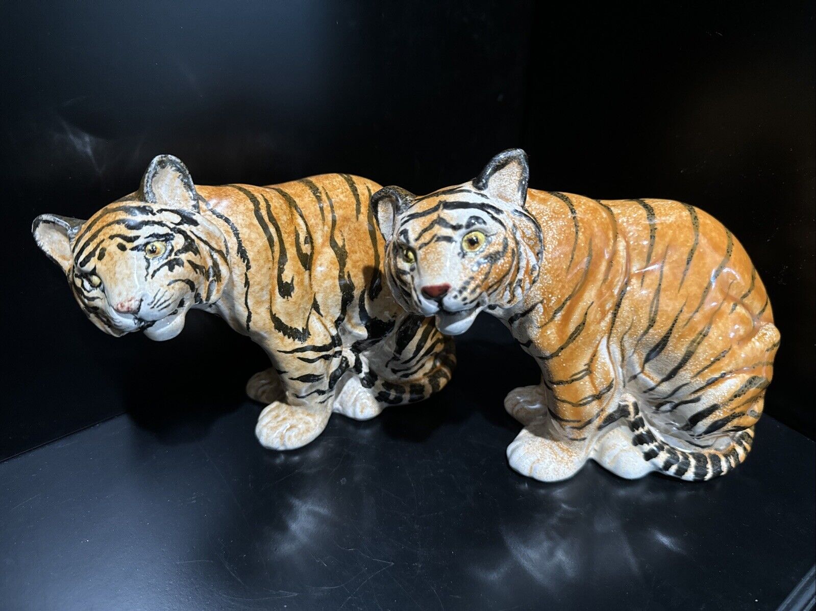 Two Vintage Italian Bengal Tiger Porcelain Hand Painted. Very Rare