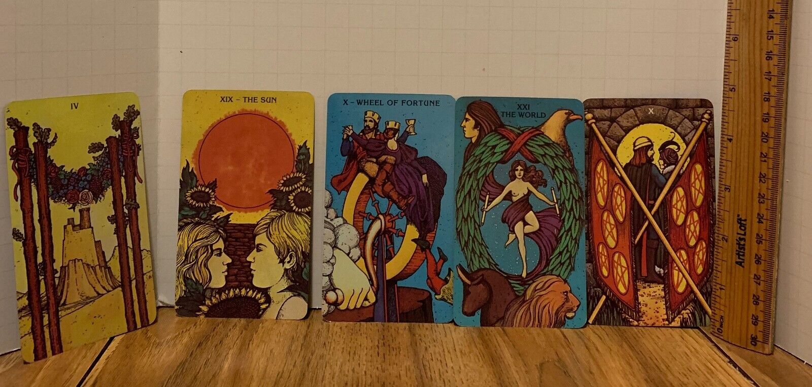 LOT of FIVE Lucky Tarot Cards: The Sun Wheel of Fortune The World Wands Pentacle