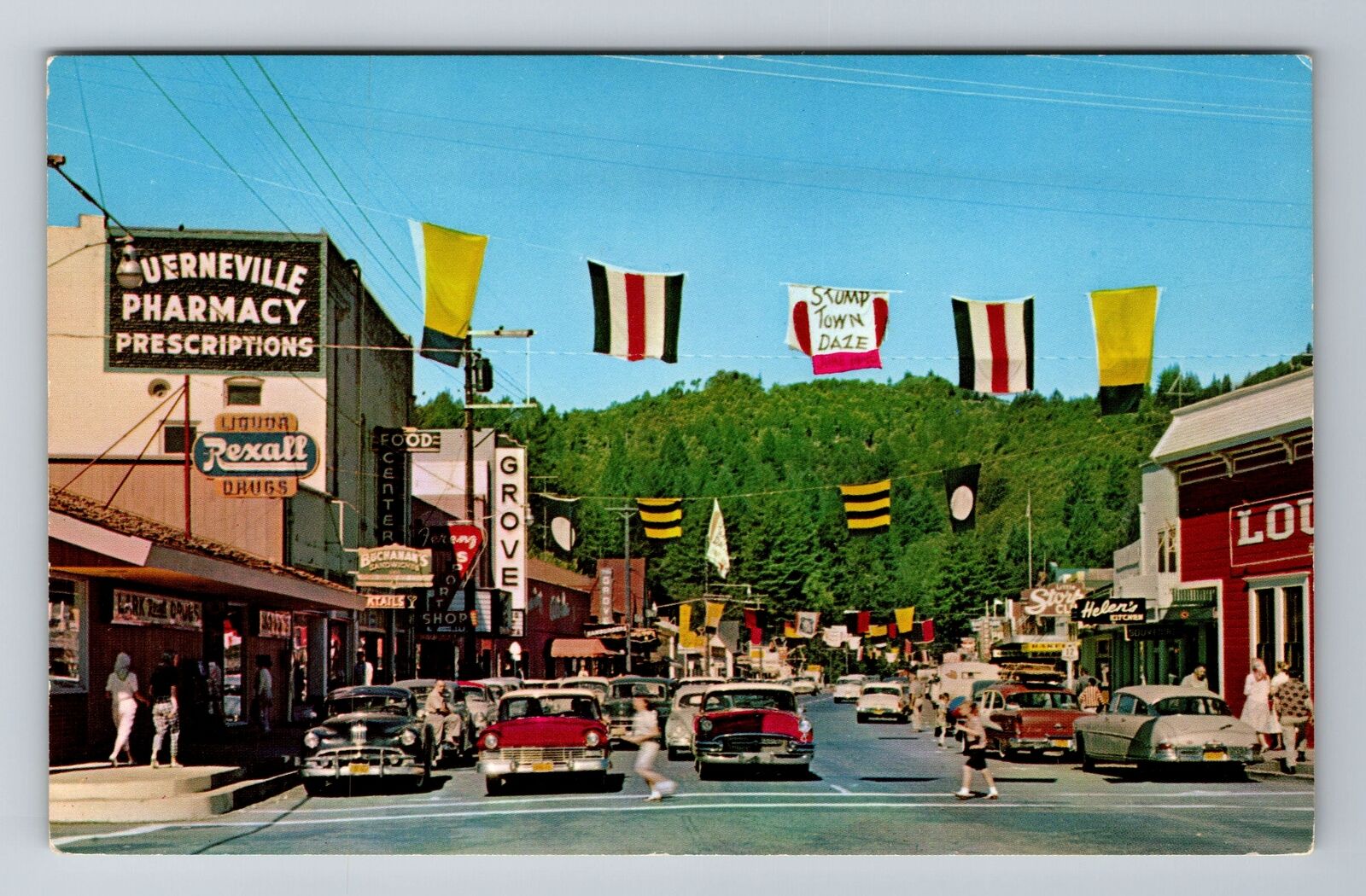 Guerneville CA-California, Shopping District, 50's Cars, Vintage Postcard