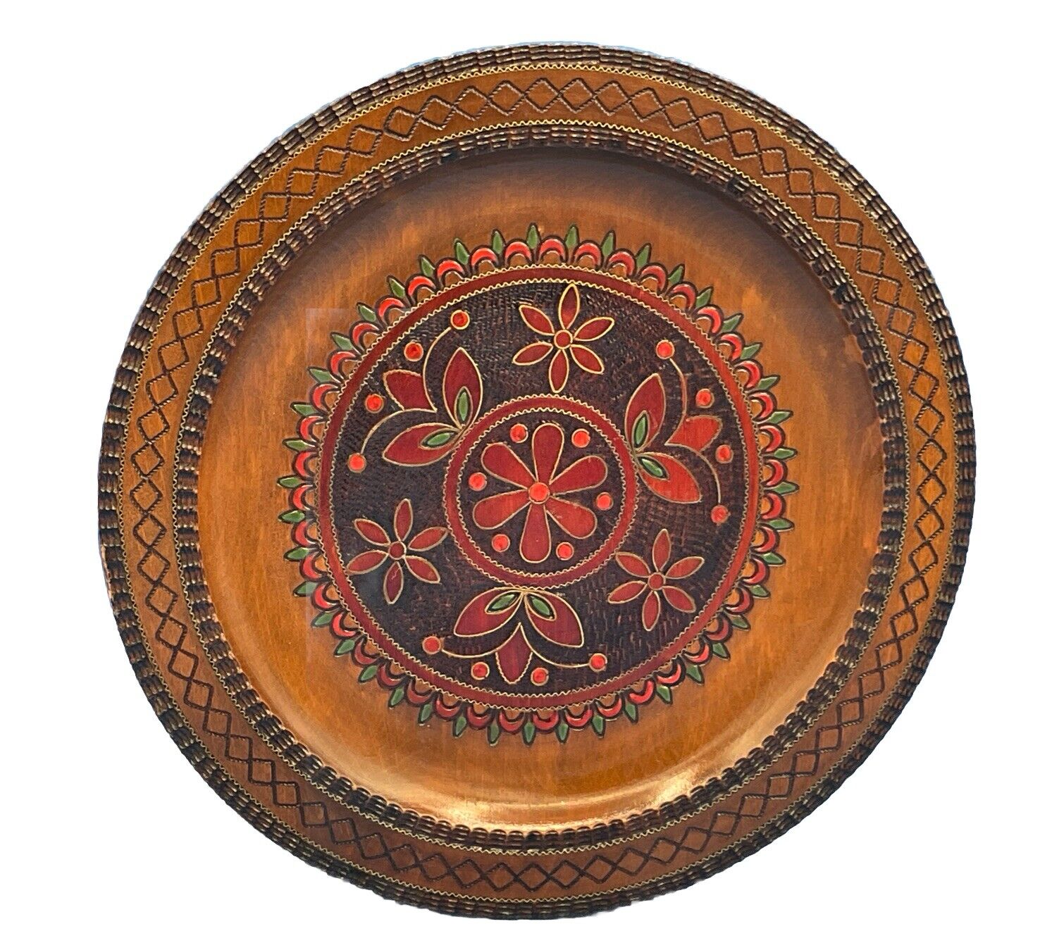 Vintage Polish Folk Art Hand Tooled Wooden Plate-Red/Green- 11” Diameter