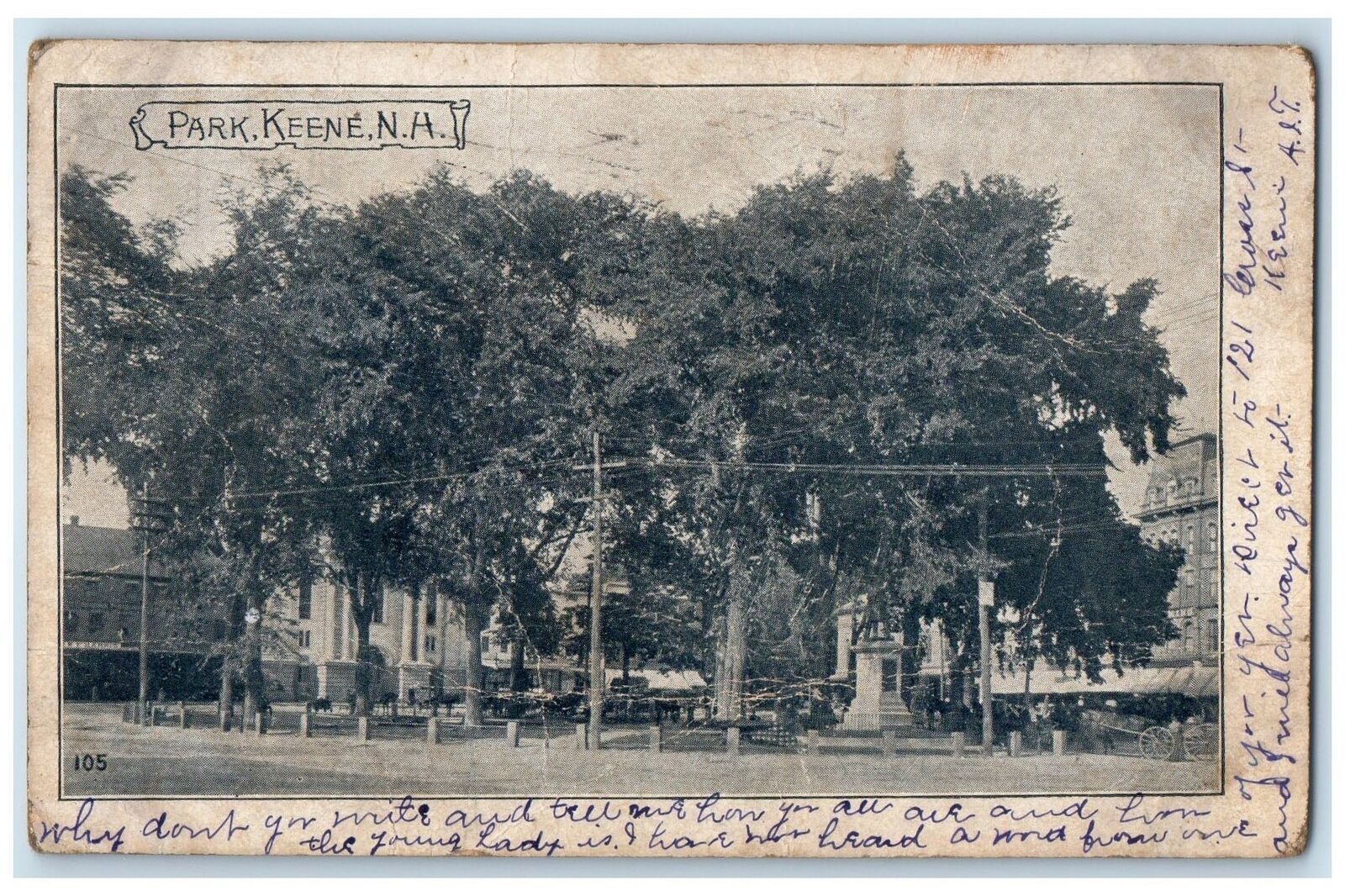 1907 Park Monument Buildings Trees View Keene New Hampshire NH Antique Postcard