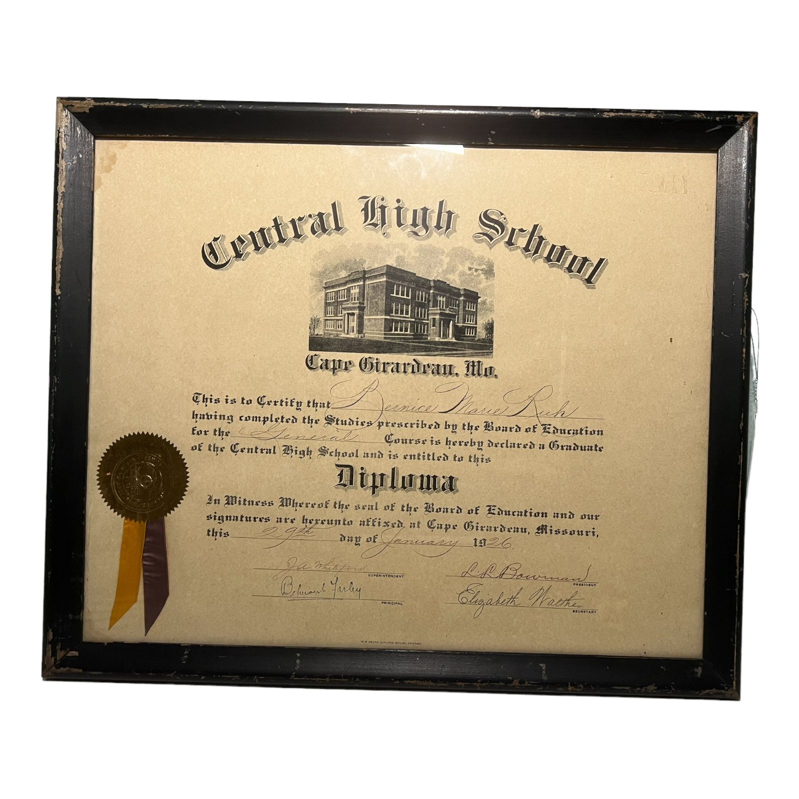 1926 Central High School Cape Girardeau Missouri Diploma