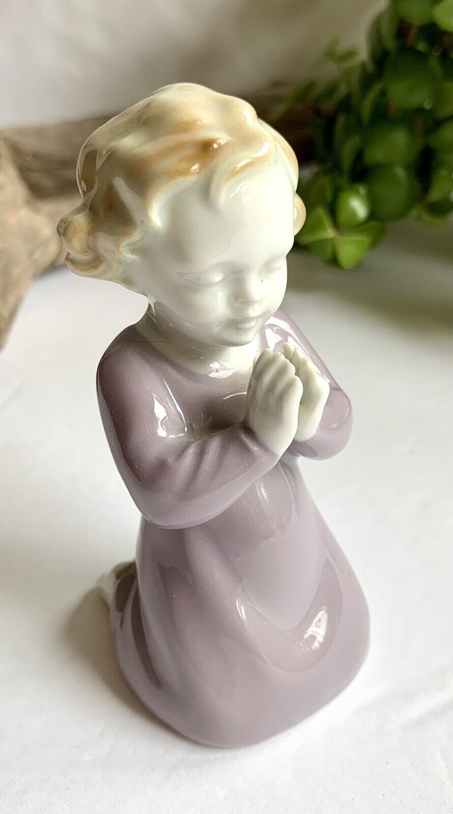 Vintage Erphila Germany Porcelain Praying Kneeling Girl Figurine Purple Gown