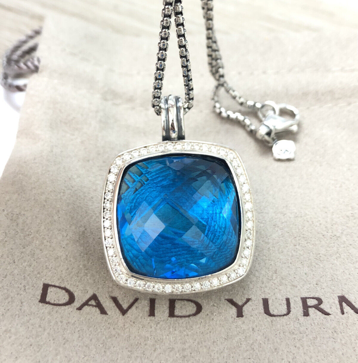 David Yurman Silver Albion 20mm Blue Topaz & Diamond Pendant Necklace 18\