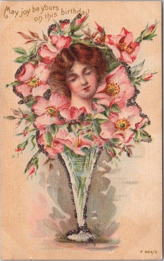 c1900s HAPPY BIRTHDAY Postcard Pretty Lady's Head in Flower Vase / GLITTER