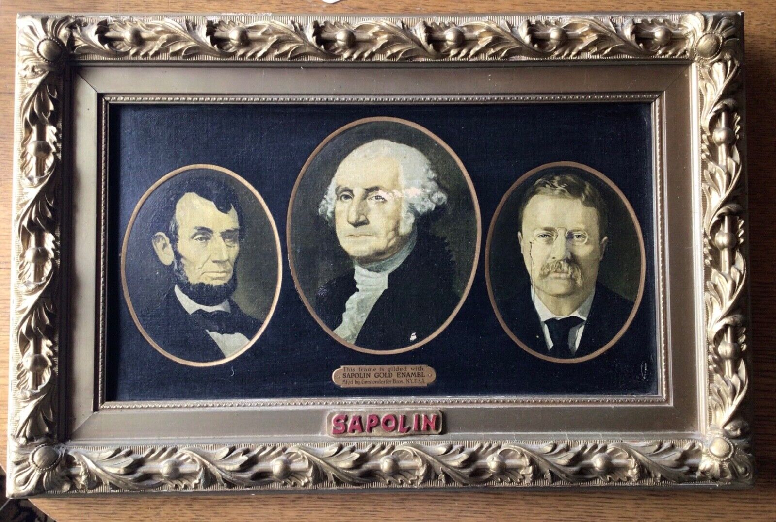 Antique SAPOLIN  Gold Enamel  Paint Advertising Sign with 3 Presidents - Nice 