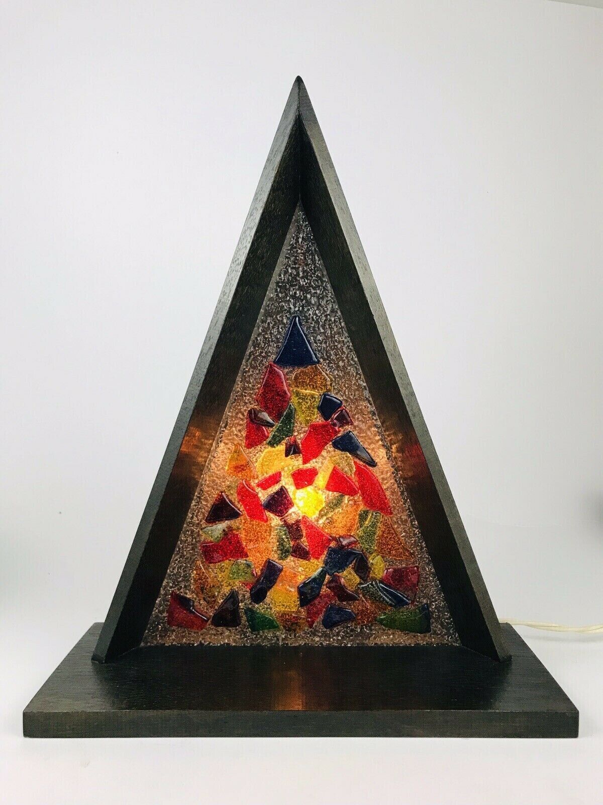 Vintage 1950’s CHRISTMAS Tree Nativity Stained Glass Triangle Wood Music Box MCM