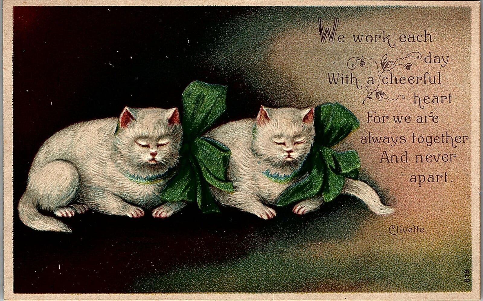 c1909 SIGNED CLIVETTE DANCING CATS POSTCARDS, WHITE CATS, POEM, GREEN BOWS 39-85