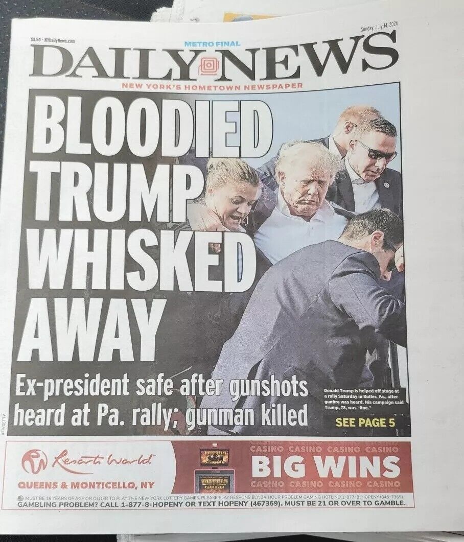 New York Daily News Newspaper July 14, 2024 Trump Shot Assassination Bulletproof
