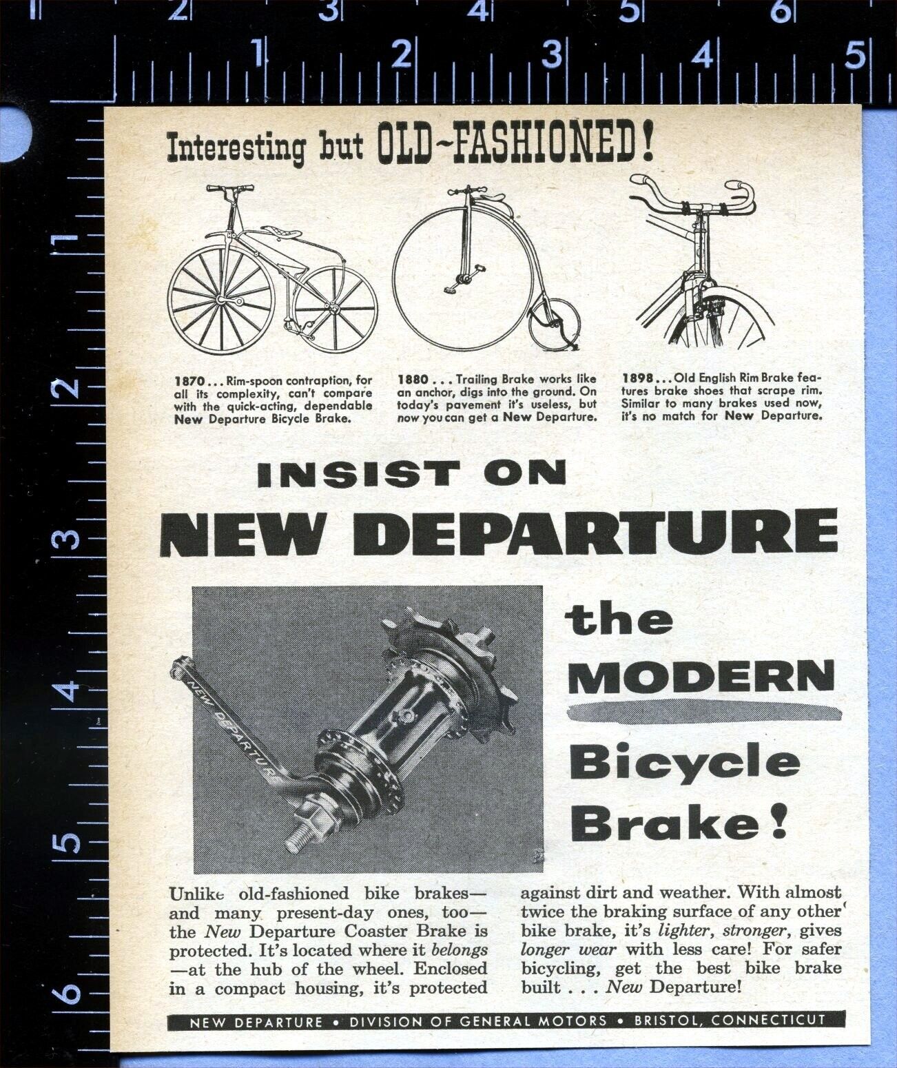 1954 Vintage Magazine Page Ad New Departure Bicycle Brakes