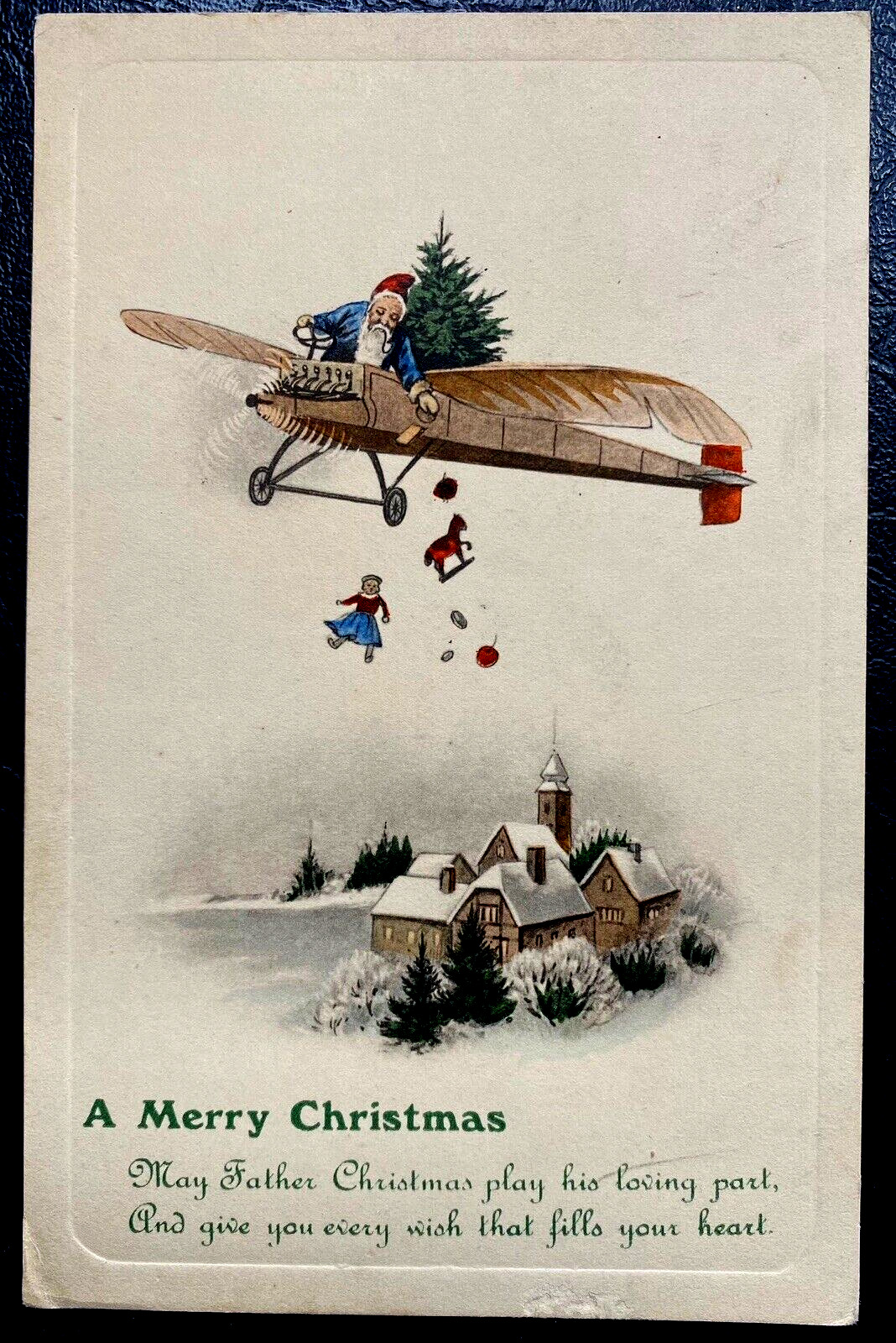 Rare ~Blue Santa Claus Throws Toys from Airplane~ 1912 German Christmas Postcard