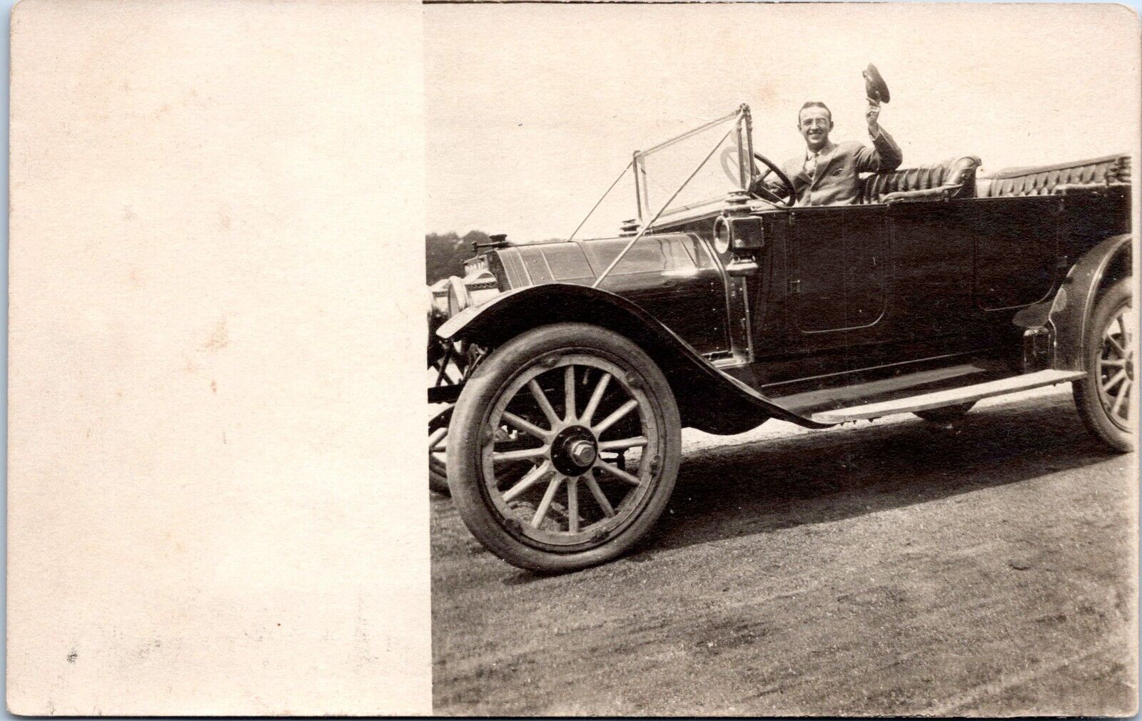 RPPC Man Waves Hat from Vintage Automobile,  Photo Postcard - c1907-1917