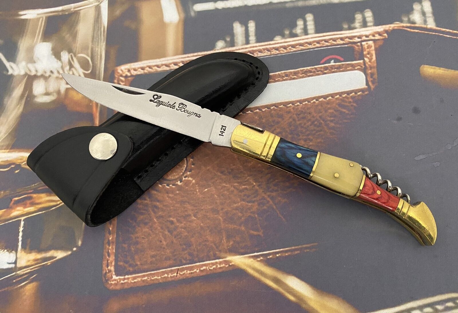 Vintage Laguiole Pocket Knife Blade Steel Wood Antler Handle Mens Corkscrew Rare