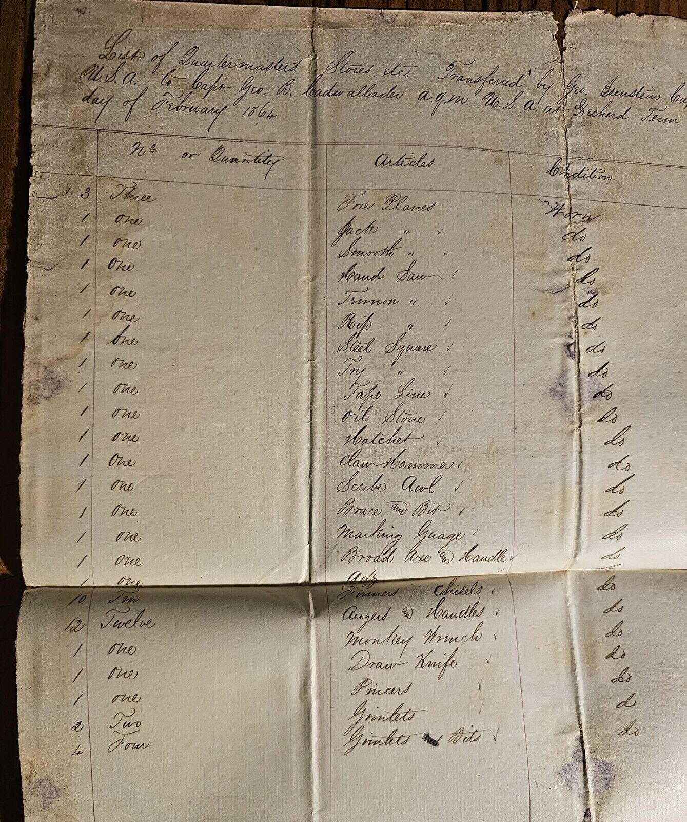 Feb 1864 Civil War List of Quartermastered Stores Transferred Decherd, TN