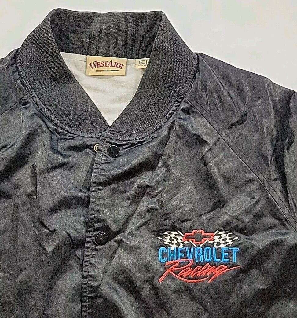 Vintage Chevrolet Racing West Ark Black Satin Bomber Jacket Men\'s Size Large