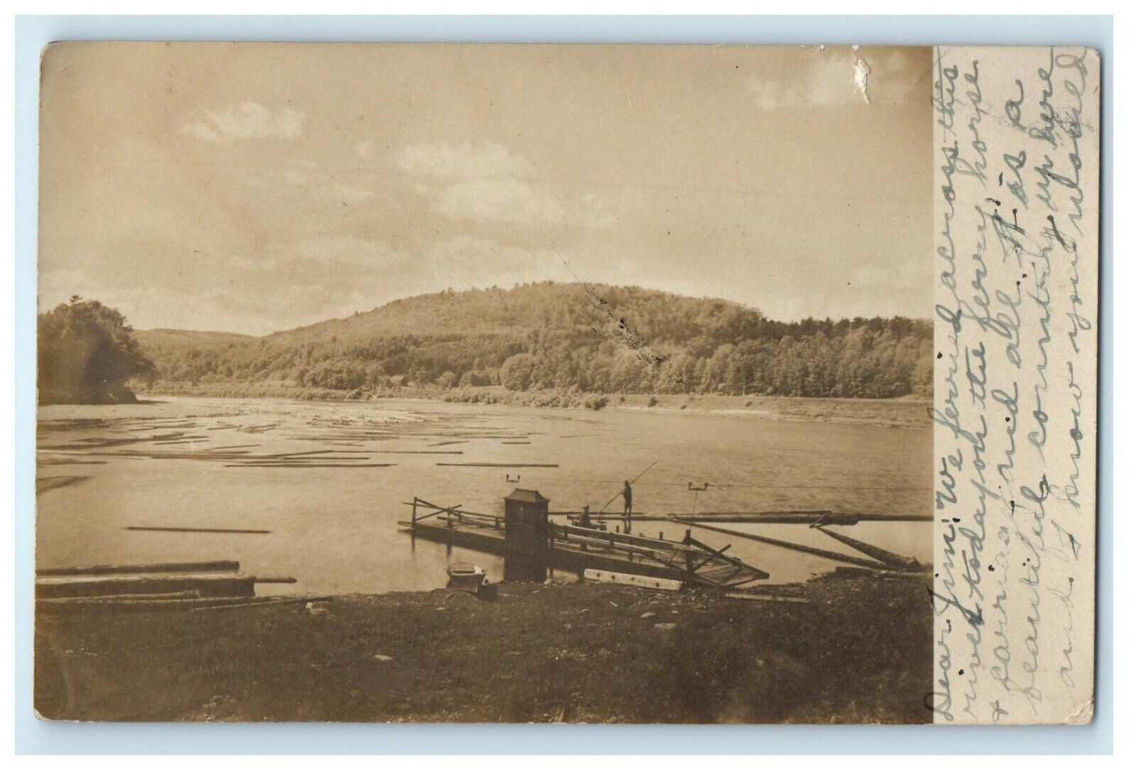1910 View Of Claremont Ferry River Logging New Hampshire NH RPPC Photo Postcard