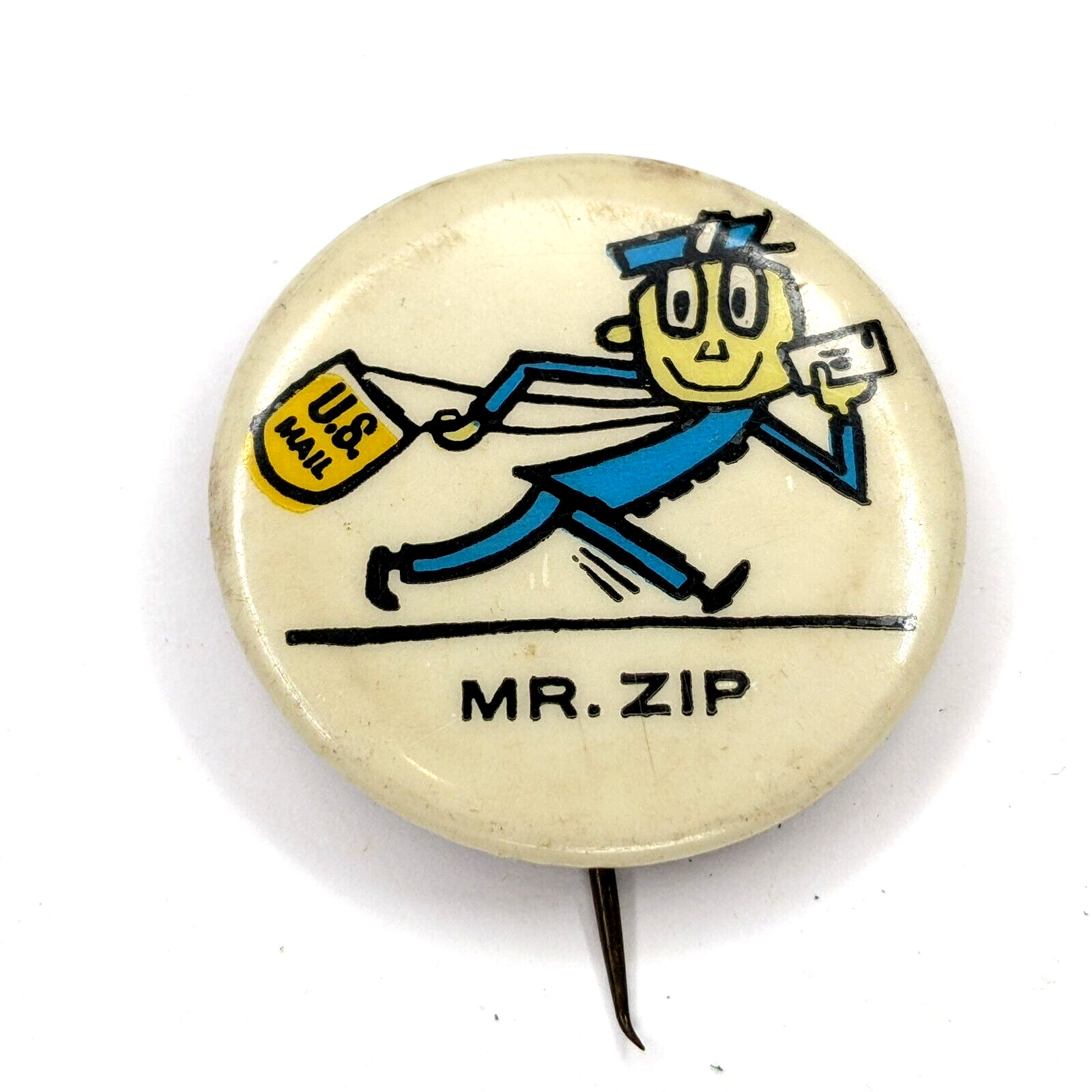 c1950s USPS Mr Zip Pinback Button U.S. Mail Carrier Letter RARE White Man Vtg 6H