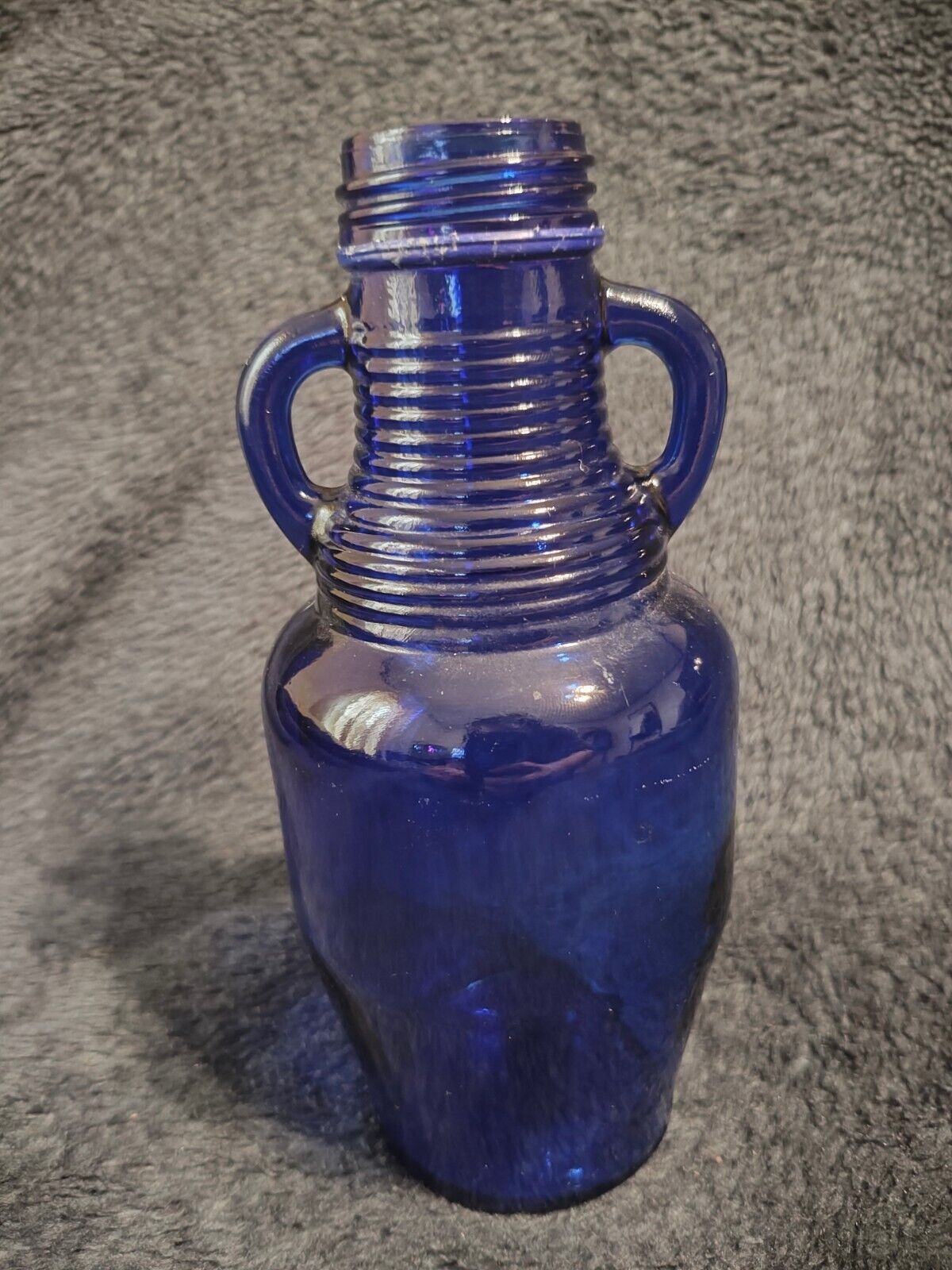 Vintage Cobalt Blue Jar With Lid, Roped Neck, Double Handle, 7'' tall