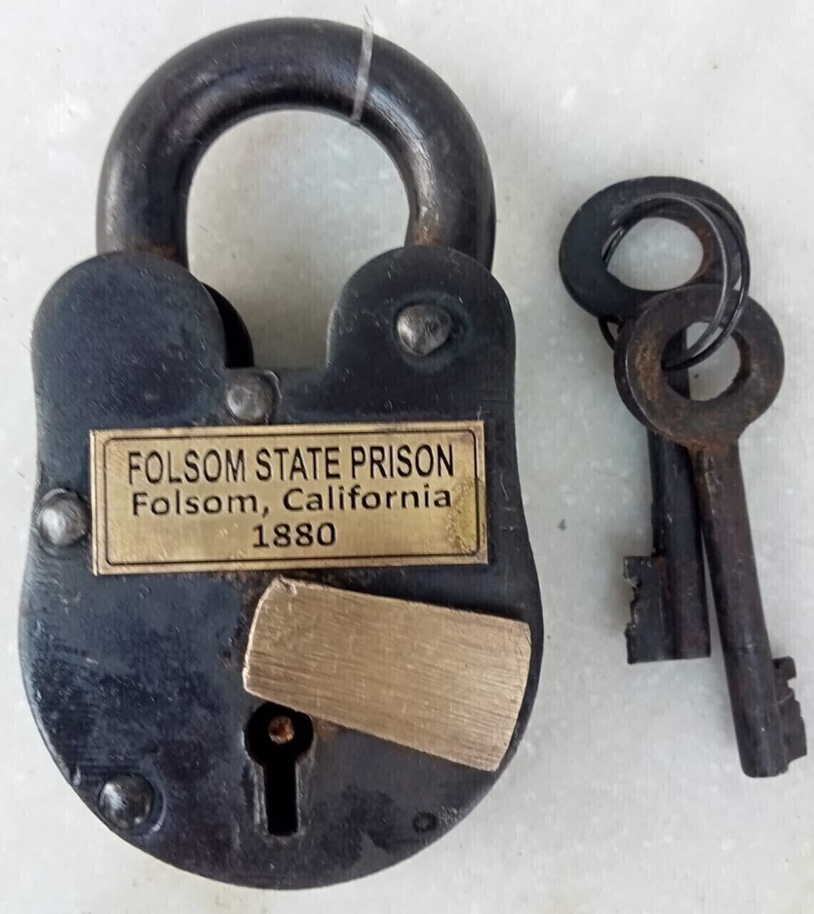 Antique Padlock Folsom Prison California 1880 Brass Logo 4'' Lock