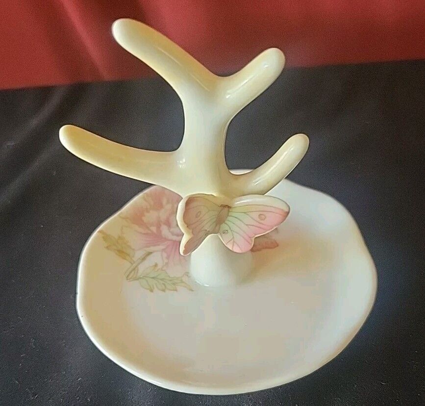 Vintage Porcelain Tree Ring Jewelry Holder Buterfly Pansy  Japan