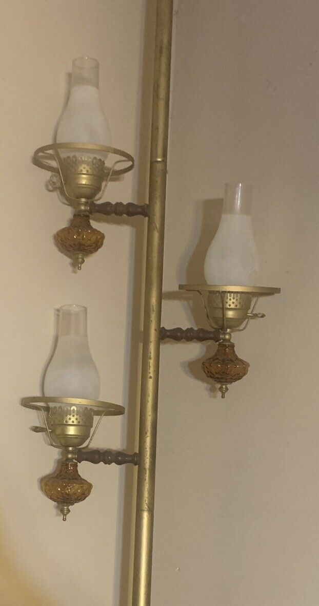VTG Mid Century Modern Tension Pole Lamp W/Amber Glass Shades Retro 1960's