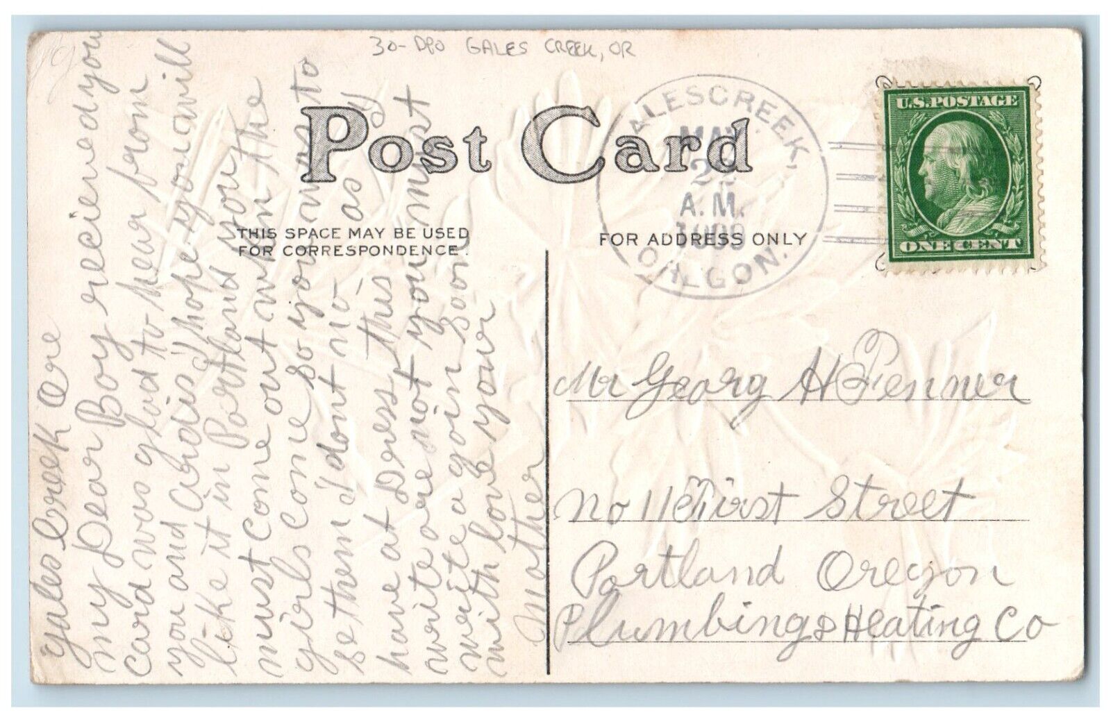 DPO Gales Creek Oregon OR Postcard Best Wishes Flowers Embossed 1909 Antique