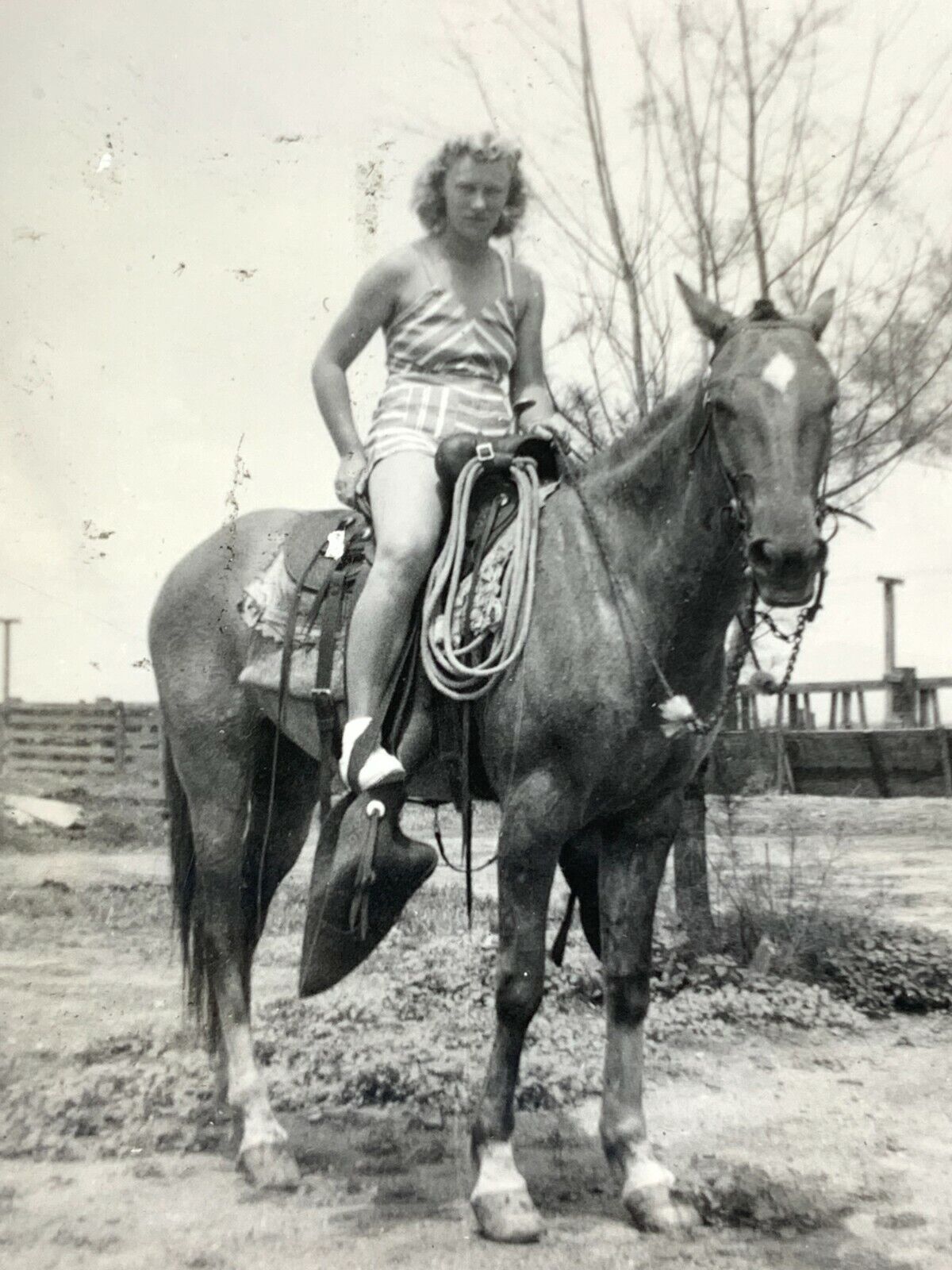 AxG) Found Photograph Beautiful Blonde Woman On Horse 1930's-40's Horseback