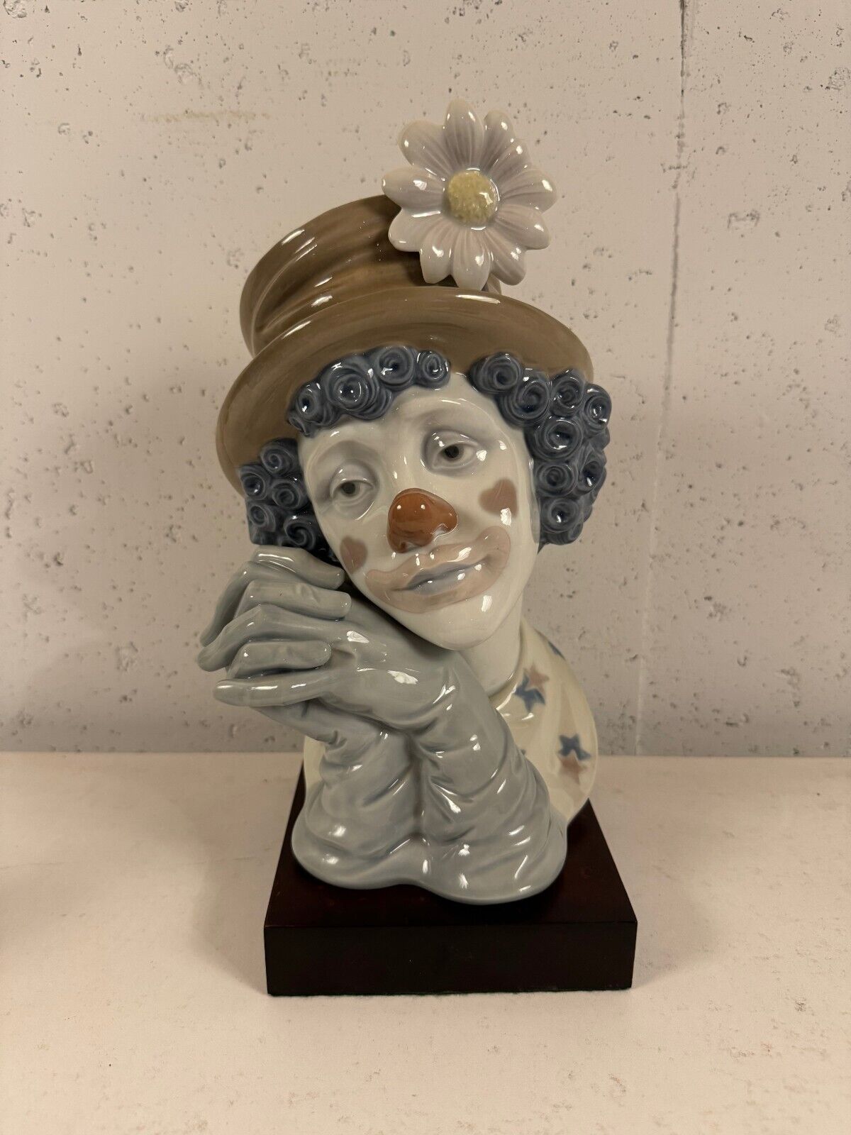Lladro 5542 Porcelain Figurine Melancholy Clown Head Bust w/ Wood Stand