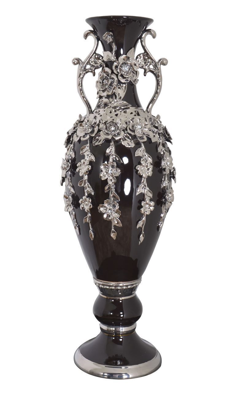 Tall Black and Silver Floret Jeweled Stunning Vase