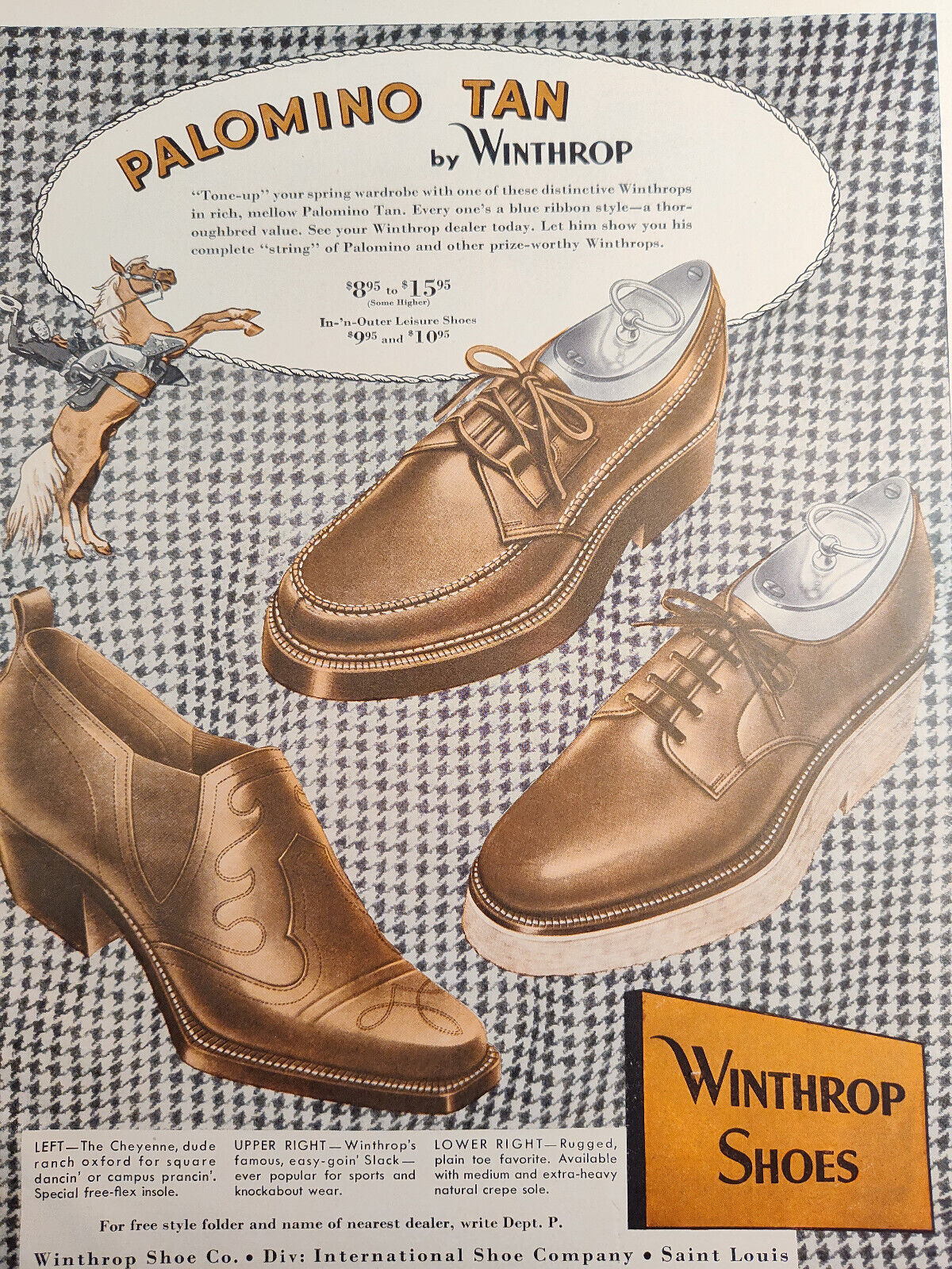1950 Original Esquire Art Ad Advertisement Palomino Tan Winthrop Mens Shoes