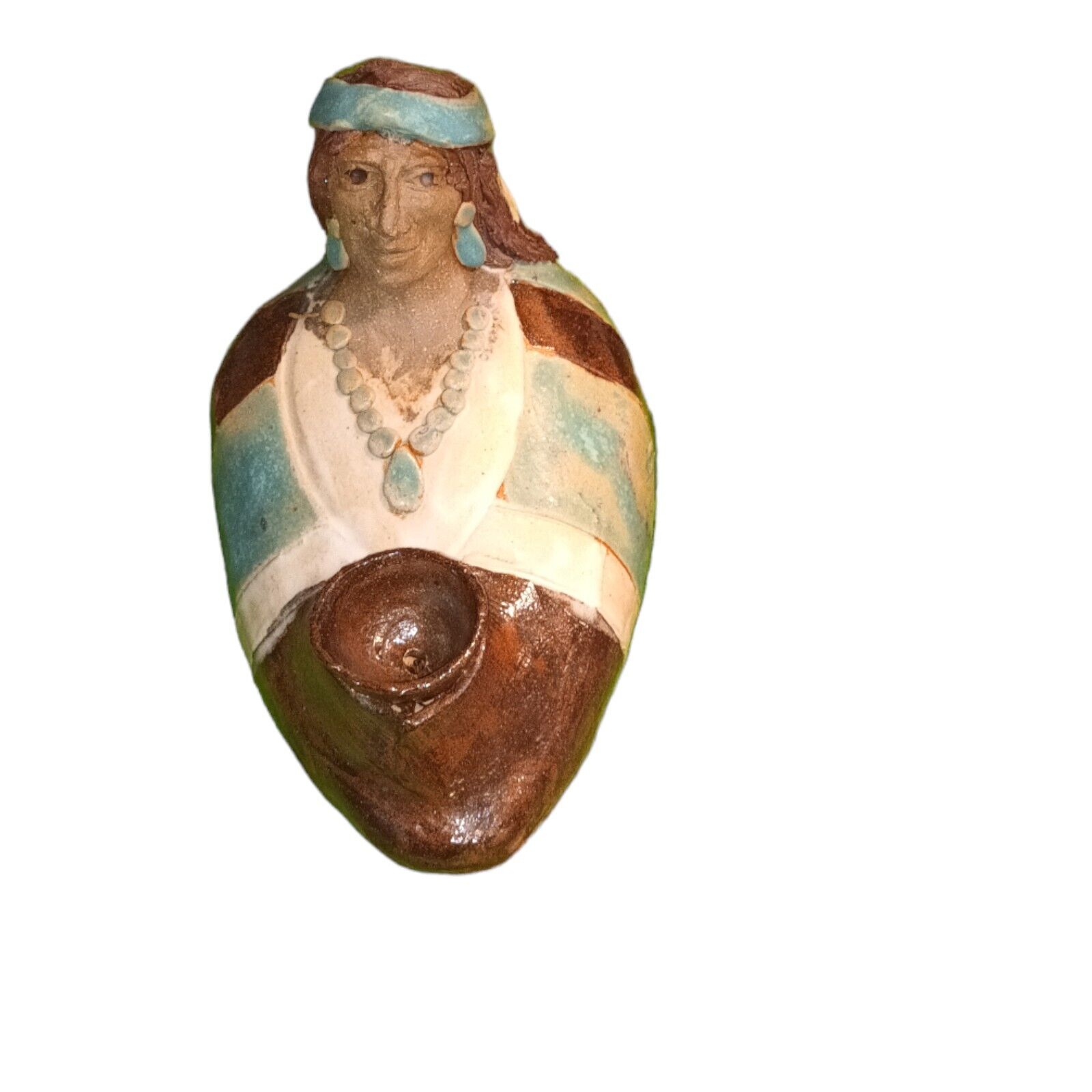 Vintage Native American ceramic statue Woman in Turquoise, signed, Vintage...