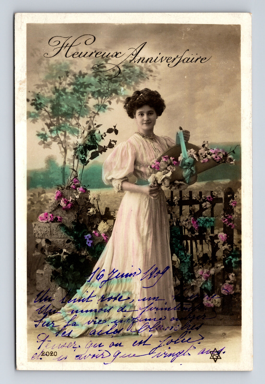 RPPC French Hand Colored Portrait Beautiful Woman Flowers PC Postcard