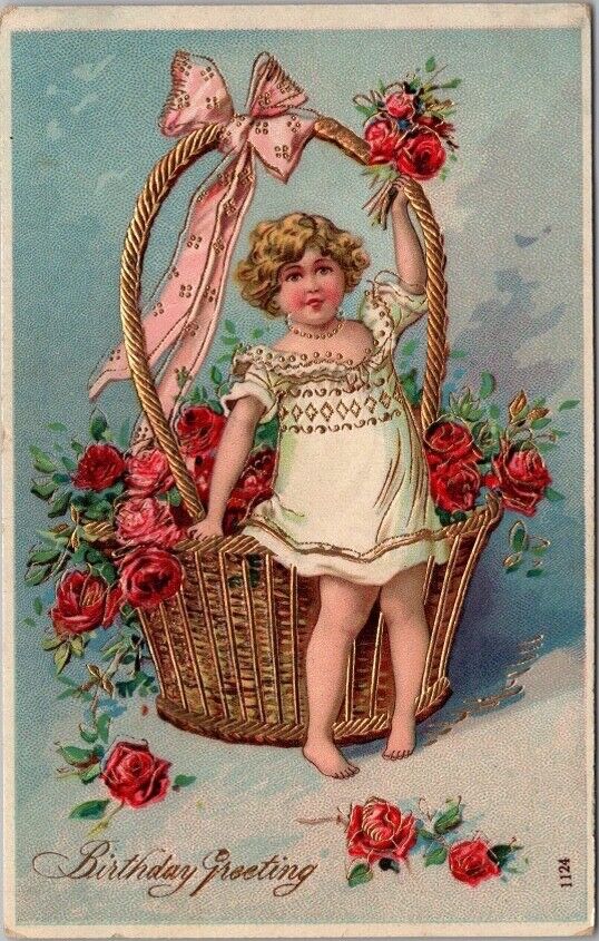 c1910s HAPPY BIRTHDAY Embossed Gel Postcard Girl / Rose Basket *Pencil on Back