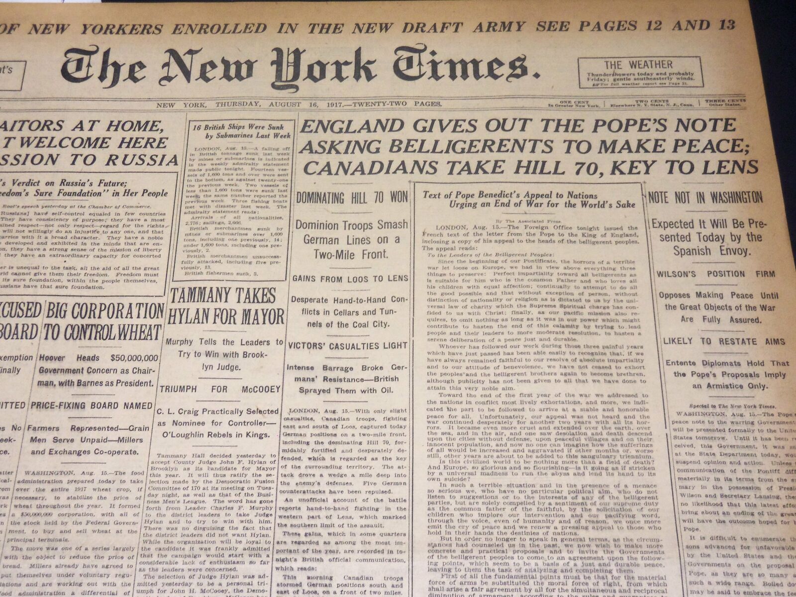1917 AUGUST 16 NEW YORK TIMES - ENGLAND GIVES OUT POPE'S NOTE - NT 8513