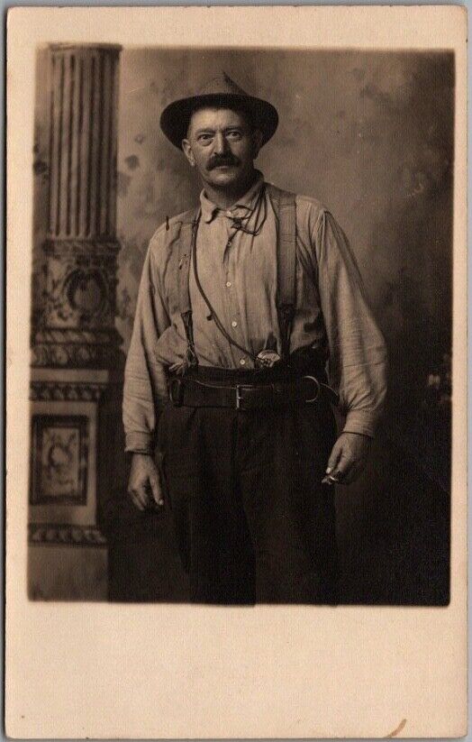 c1910s Studio Photo Postcard Older Man in Work Clothes / Tools - Occupational