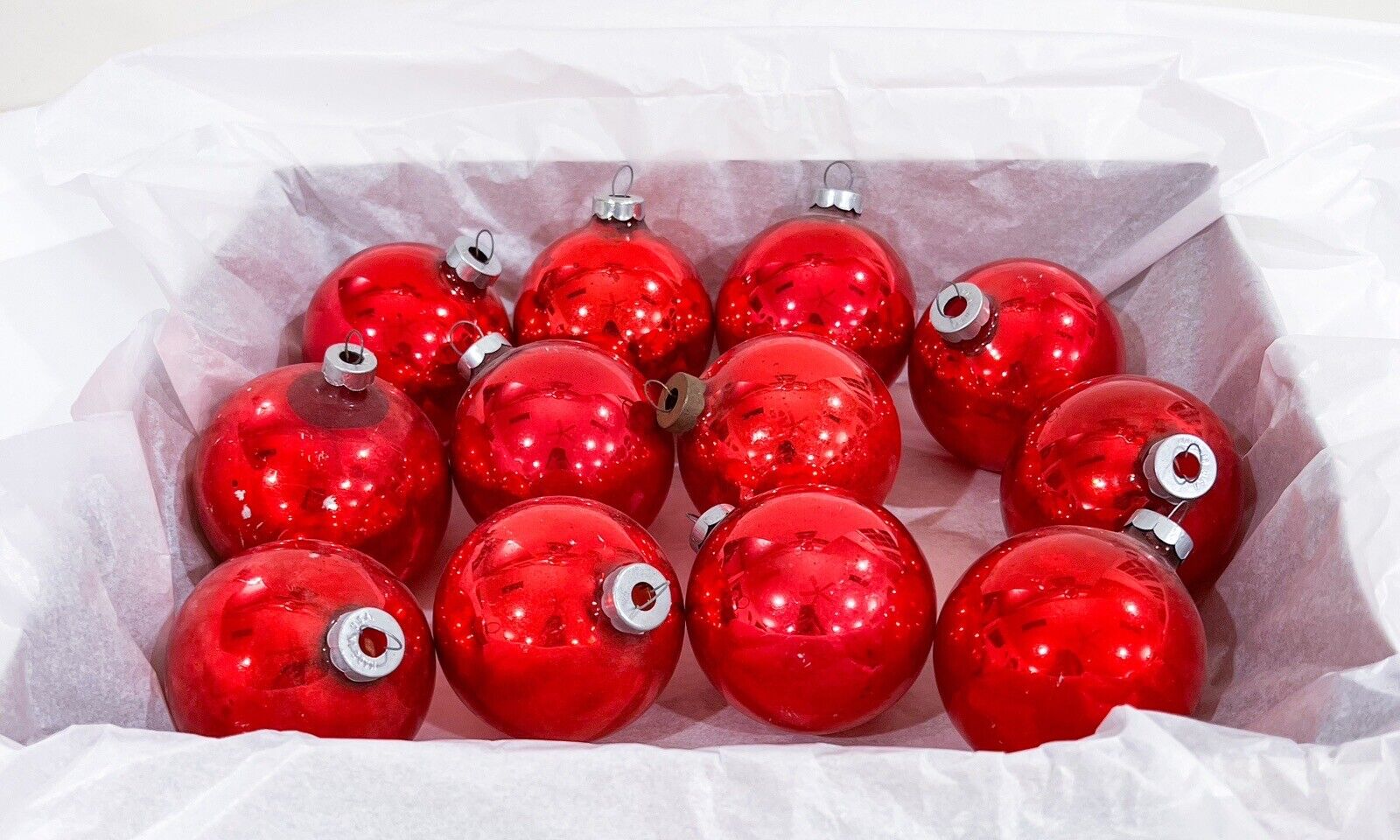 12 Vintage Glass Round Shiny Brite Made in USA Red Christmas Ornaments 3.5”