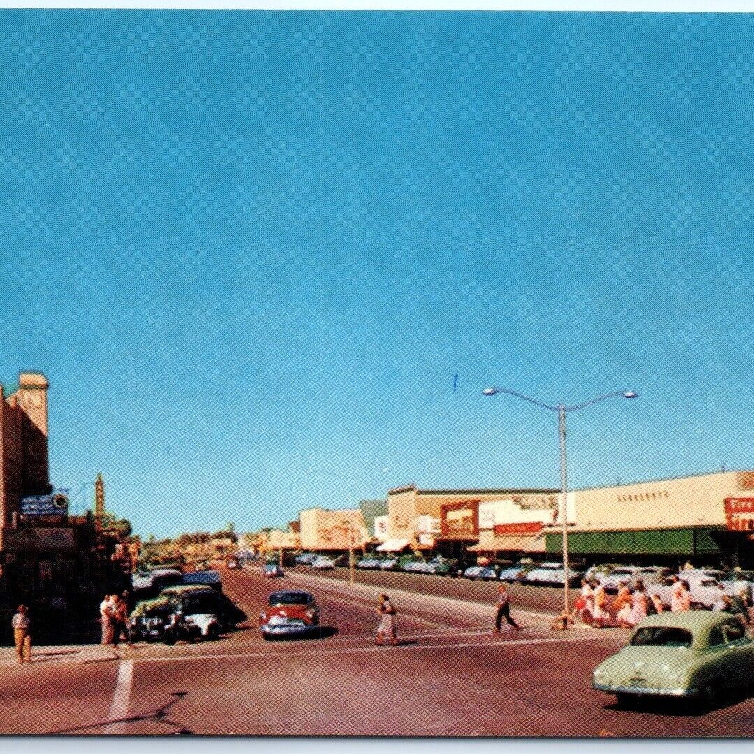 1950s Mesa, Ariz. Main St Cars Chrome Photo Street View Postcard Mormon AZ A64