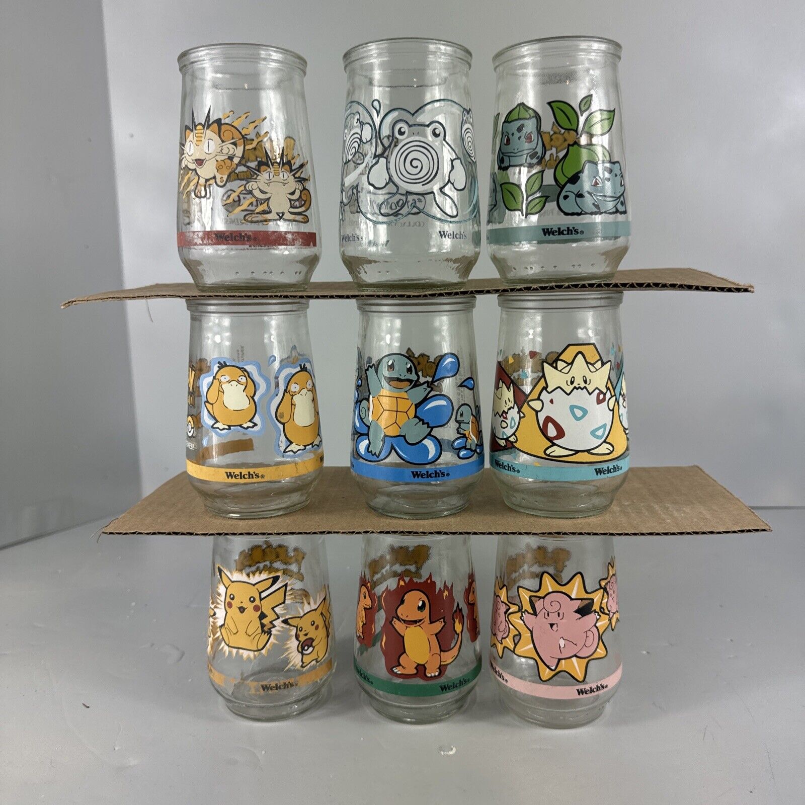 Vintage Welch's 1999 Jelly Glass Pokemon Jar Lot of 9; Pikachu, Charmander