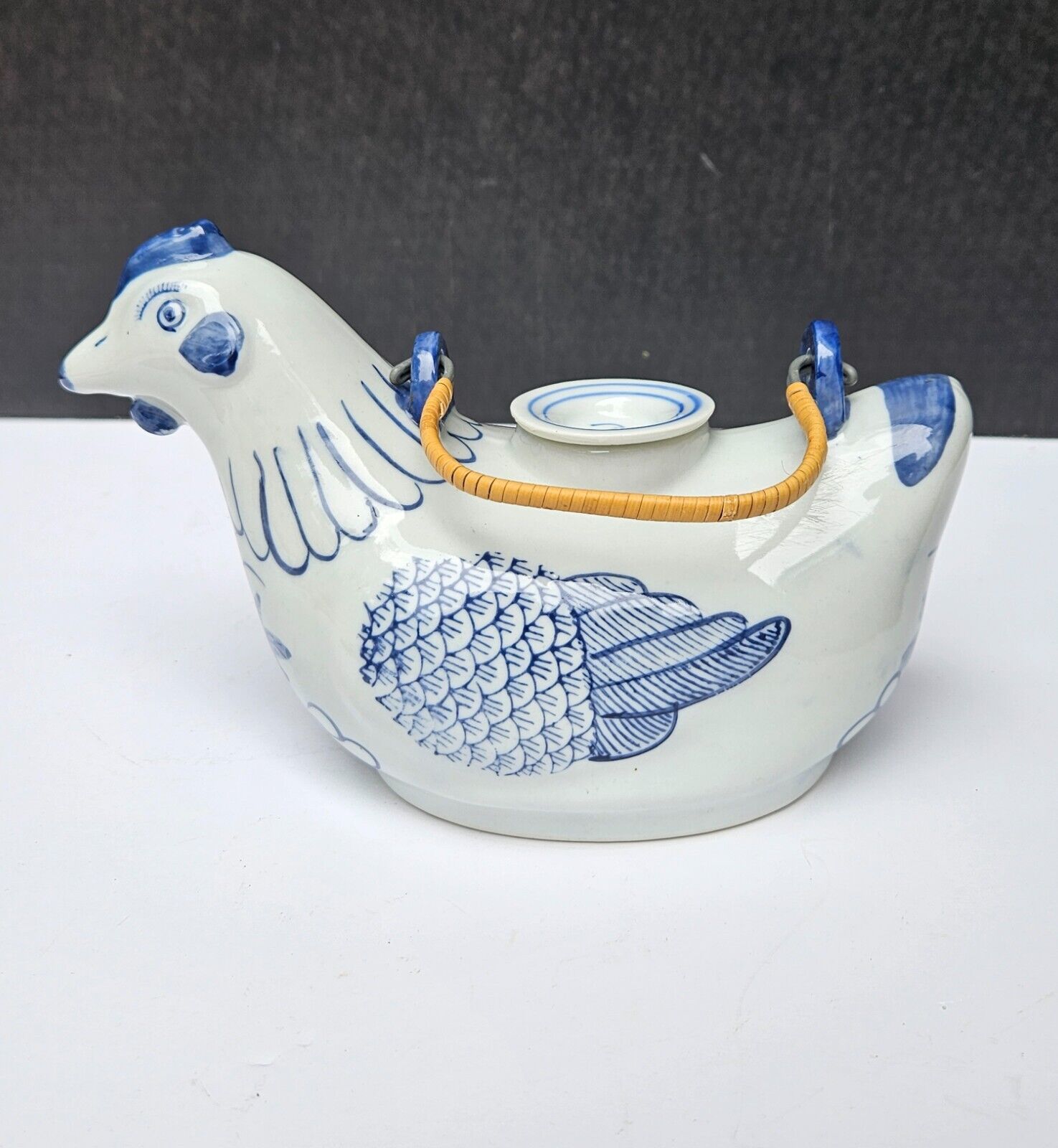 Vintage White w Blue Ceramic Chicken Rooster Teapot w Wicker Wrap Metal Handle
