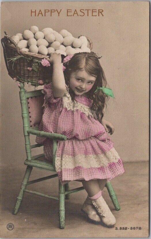 c1910s HAPPY EASTER Postcard Little Girl / Big Basket of Eggs RHOTOPHOT / RPPC