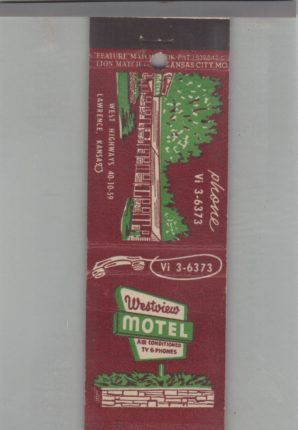 Matchbook Cover - Stripped Feature Westview Motel Lawrence, KS